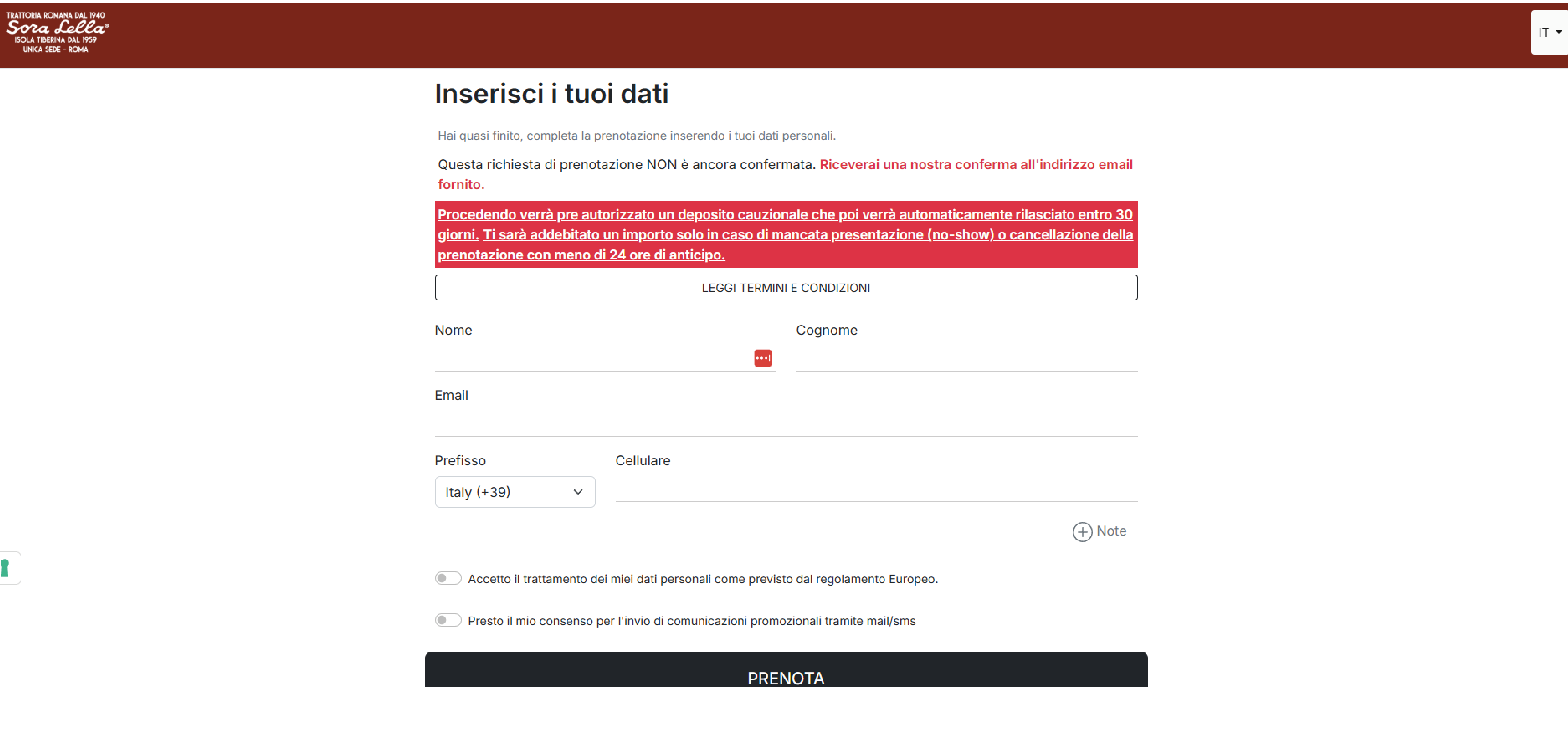 Trattoria Sora Lella sito web, sistema di prenotazione e menù digitale